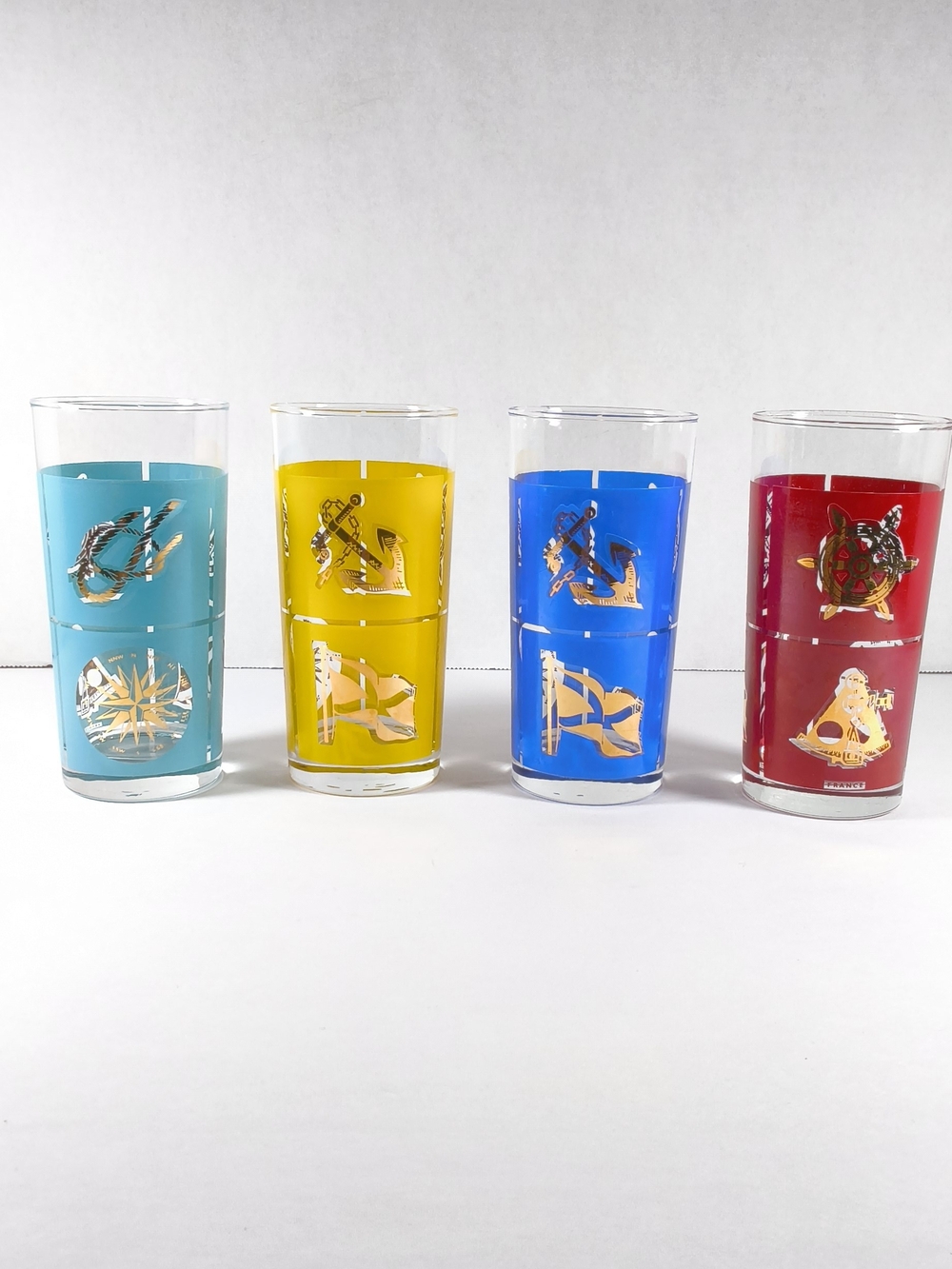 Vintage French Nautical Frosted Tumbler Glasses Set of 4 Gold Maritime France